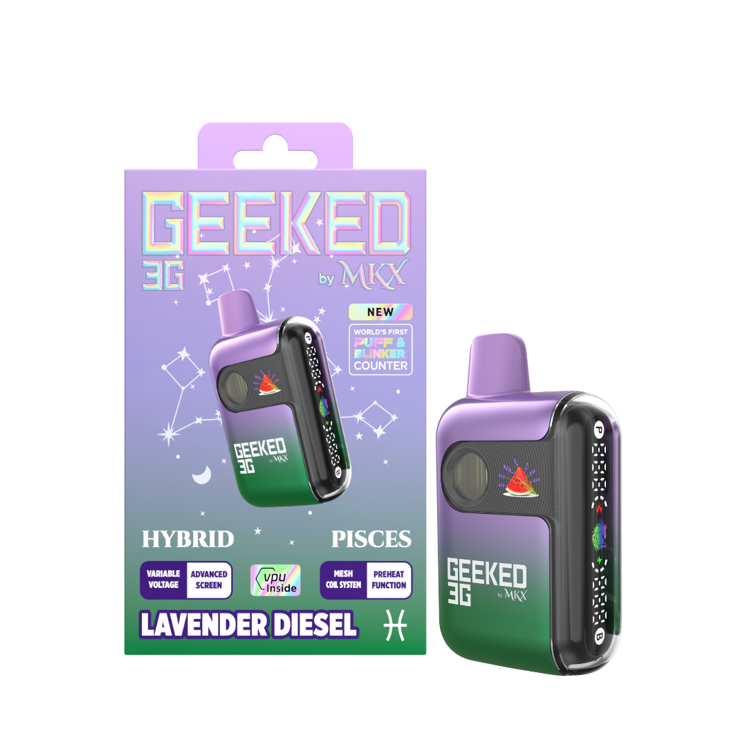 Photograph of product: GEEKED - MKX - LAVENDER DIESEL - DISPOSABLE VAPE - 3G