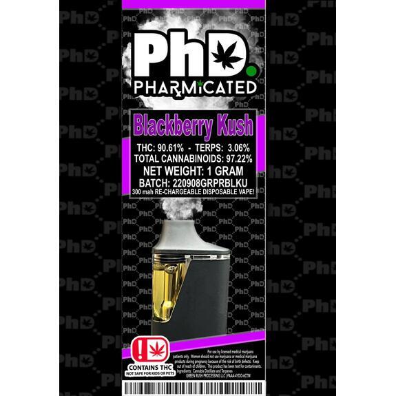 Photograph of product: PhD - Blackberry Kush Distillate Disposable Vape
