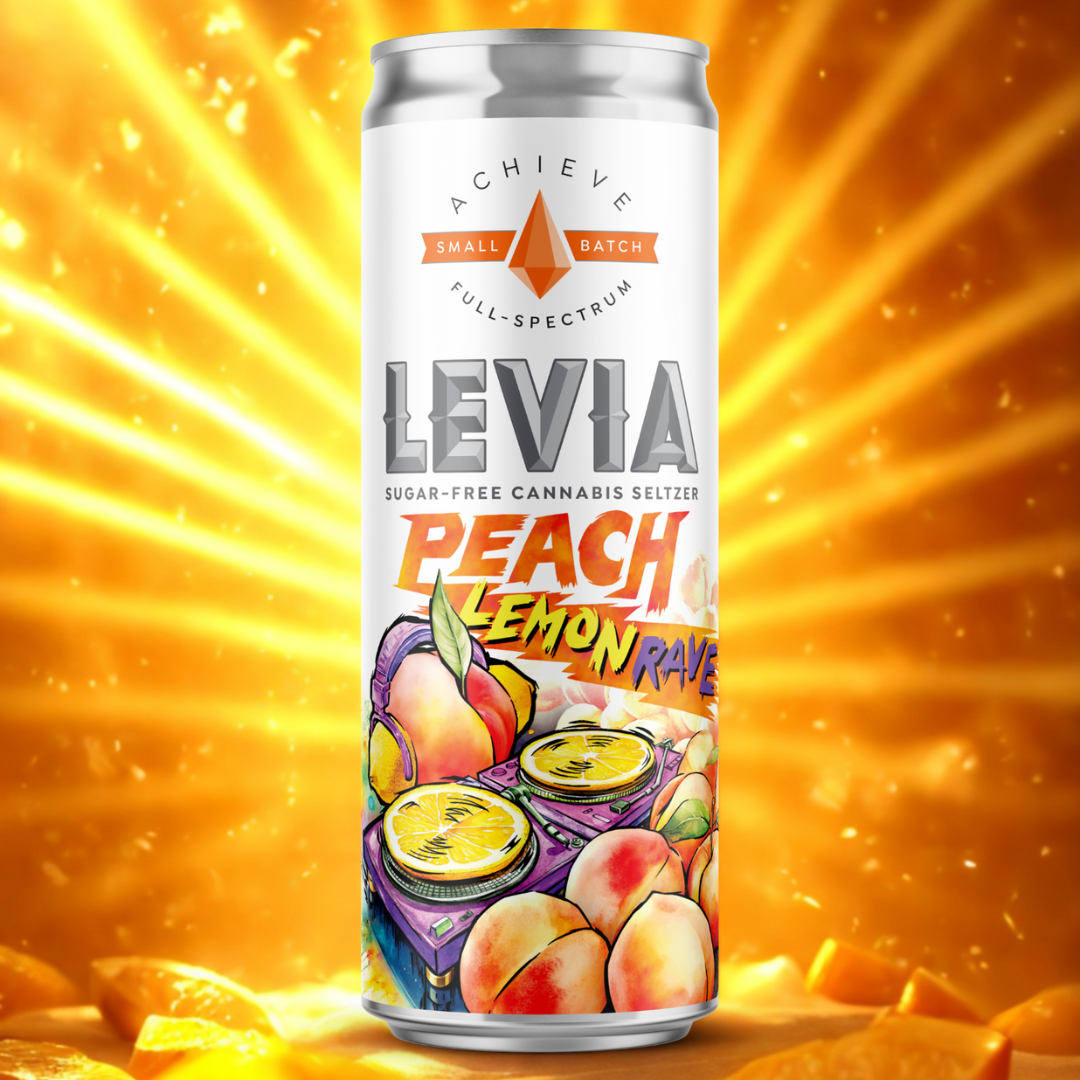 Photograph of product: Seltzer | Levia | Achieve | Peach Lemonrave | FSO | SDH | 12oz