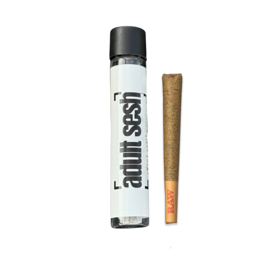 Photograph of product: Adult Sesh | Tina Burper Live Resin Infused Pre-Roll | 1.3g