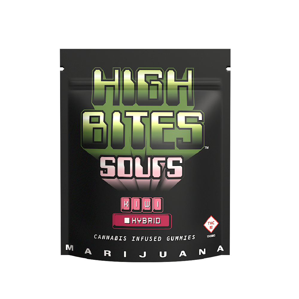 Photograph of product: High Bites Sours: Sour Gummies | Kiwi | Hybrid | 1,000mg TH-oui | 10pk