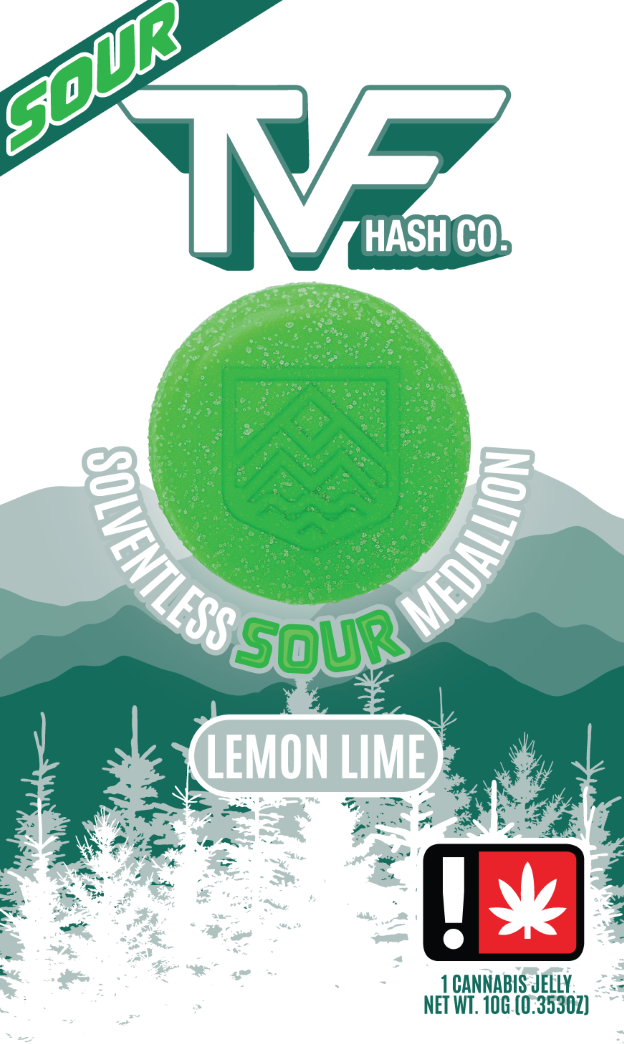 Photograph of product: TVF au chocolat Co. 100mg SOUR LEMON LIME Oui'd Solventless Medallion Single Jelly