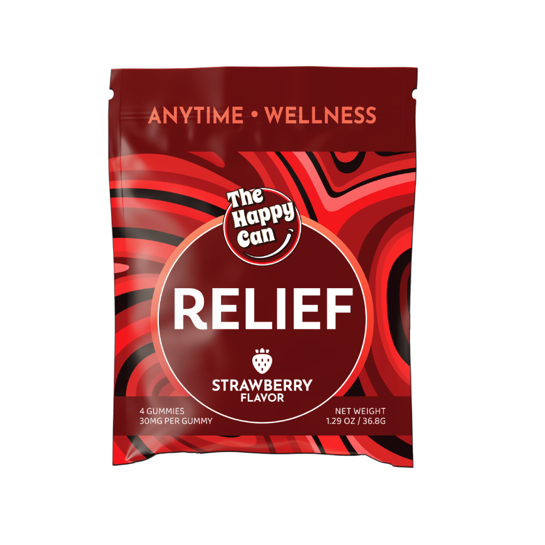 Photograph of product: The Happy Can | Hemp | Gummies Relief Strawberry (TH-oui 10 mg : CBG 60 mg : CBC 48 mg) | 4 ct