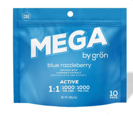 Photograph of product: GRON 1000MG 1000MG 1:1 BLUE RAZZLEBERRY MEGA PEARL BAG TH-oui:CBG