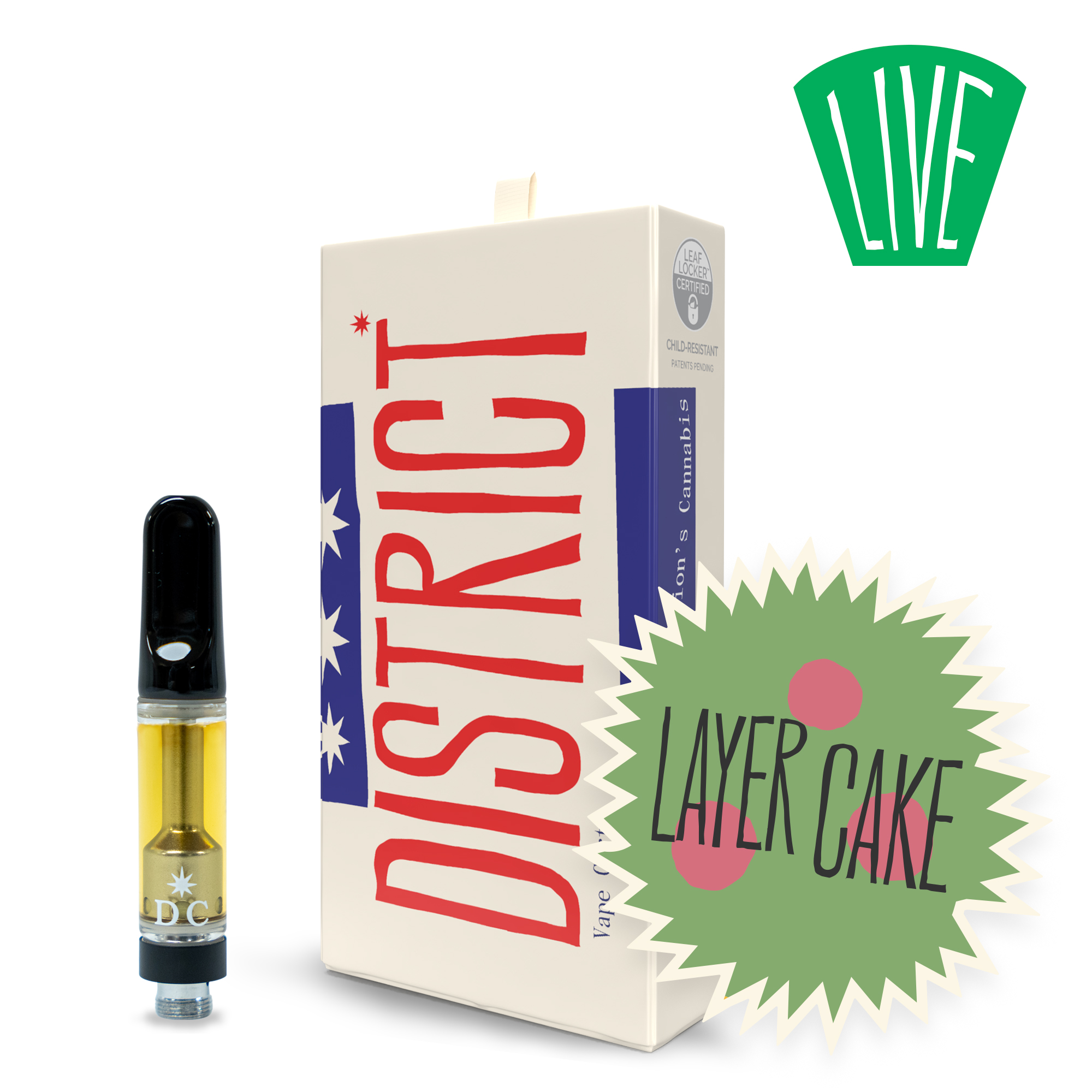 Photograph of product: District Oui'd | Live Resin Vape Cartridge | Layer Cake | 500mg