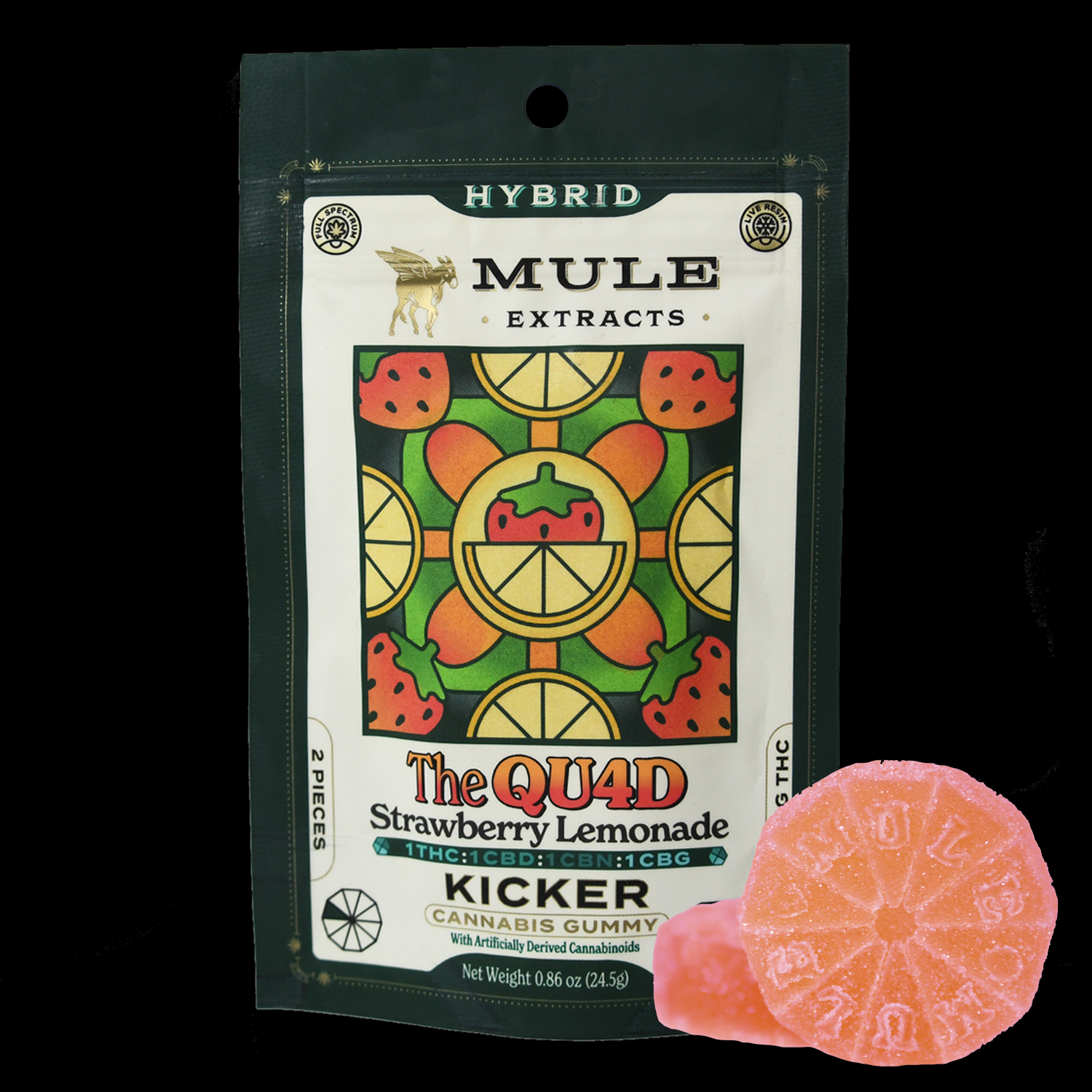 Photograph of product: 100mg 2-Piece Strawberry Lemonade "The QUAD" 1:1:1:1 TH-oui CBD CBN CBG Kicker (Hybrid)