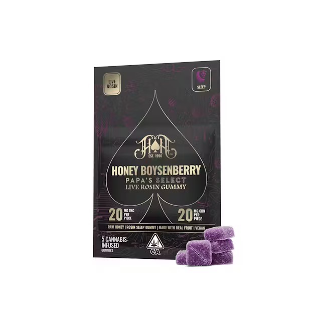Photograph of product: HEAVY HITTERS: HONEY BOYSENBERRY SLEEP ROSIN 1:1 (TH-oui:CBN) 100MG GUMMY 5PK