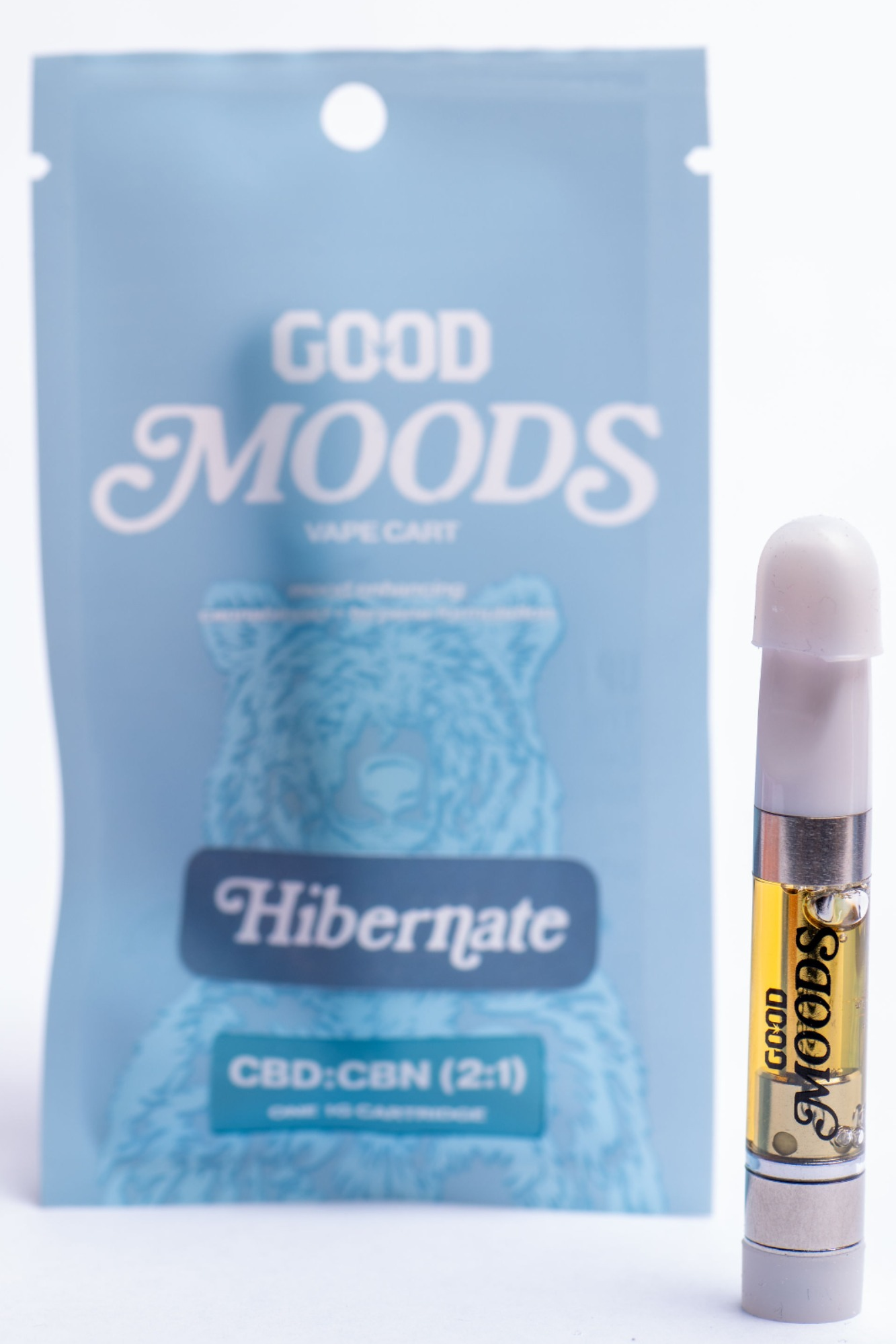 Photograph of product: *Moods* 2:1 Hibernate CBD/CBN 1g Vape Cartridge