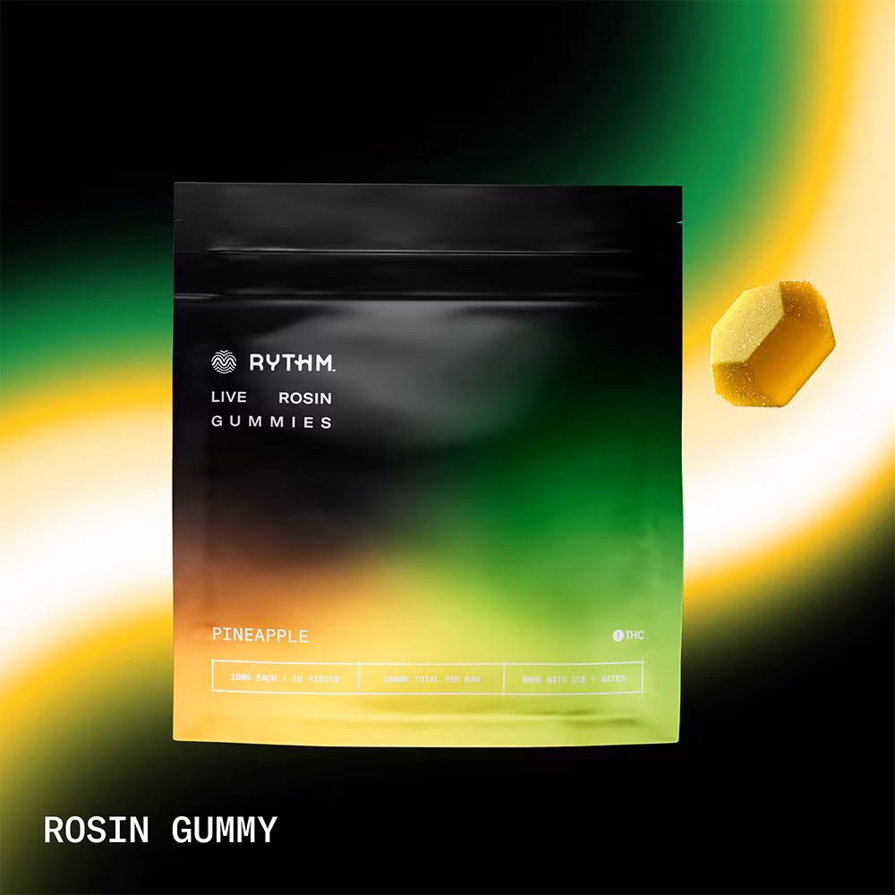 Photograph of product: Rythm - Pineapple 100mg 10pk Live Rosin Solventless Gummies