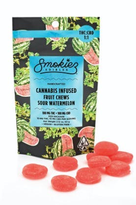 Photograph of product: Smokiez - 1:1 CBD Sour Watermelon (200mg)