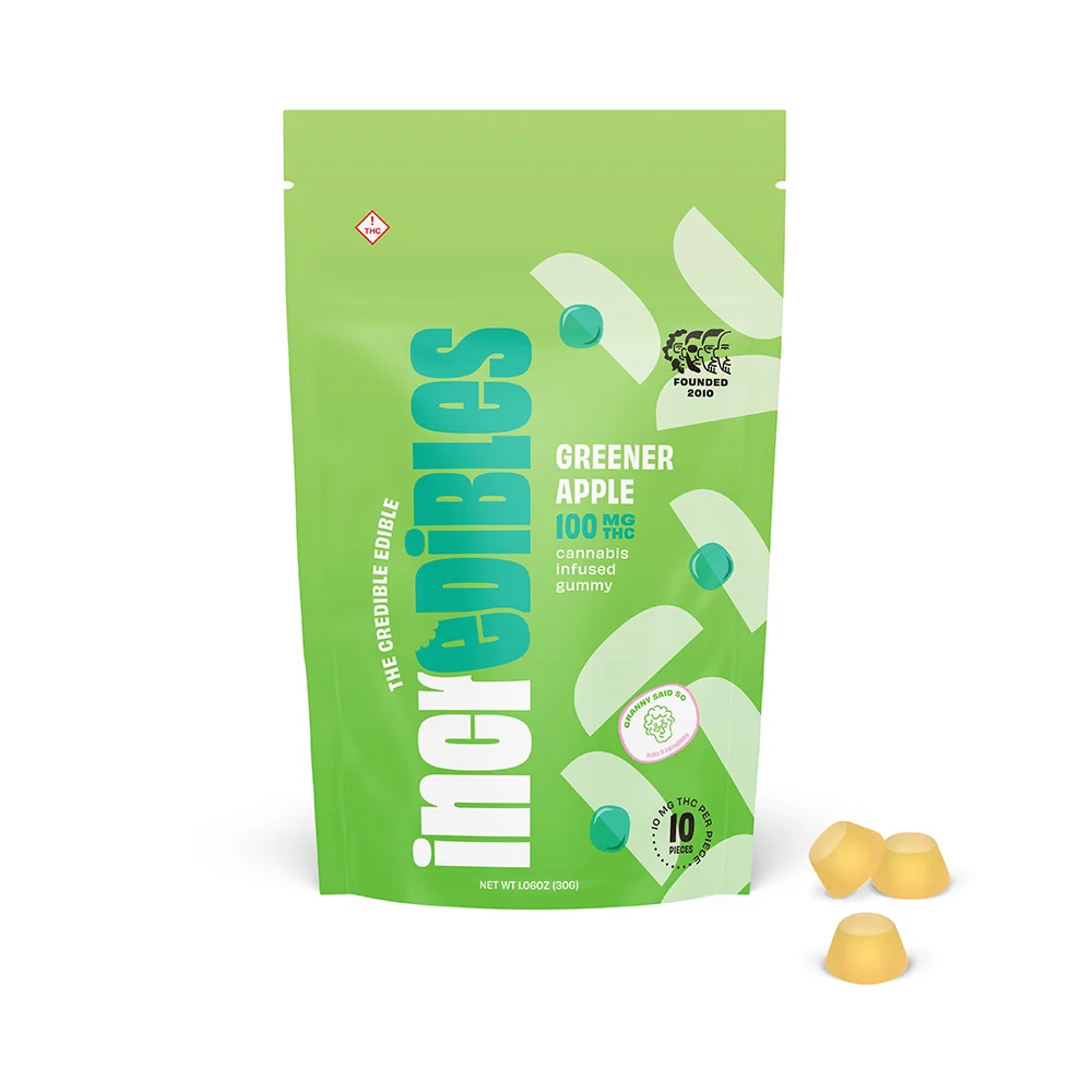Photograph of product: Incredibles | 100mg | Edibles | Gummies | 10 Pack | Super Sour Apple