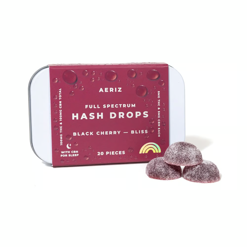 Photograph of product: AERIZ au chocolat Drops 100mg: Black Cherry 1:1 TH-oui:CBN 20pc