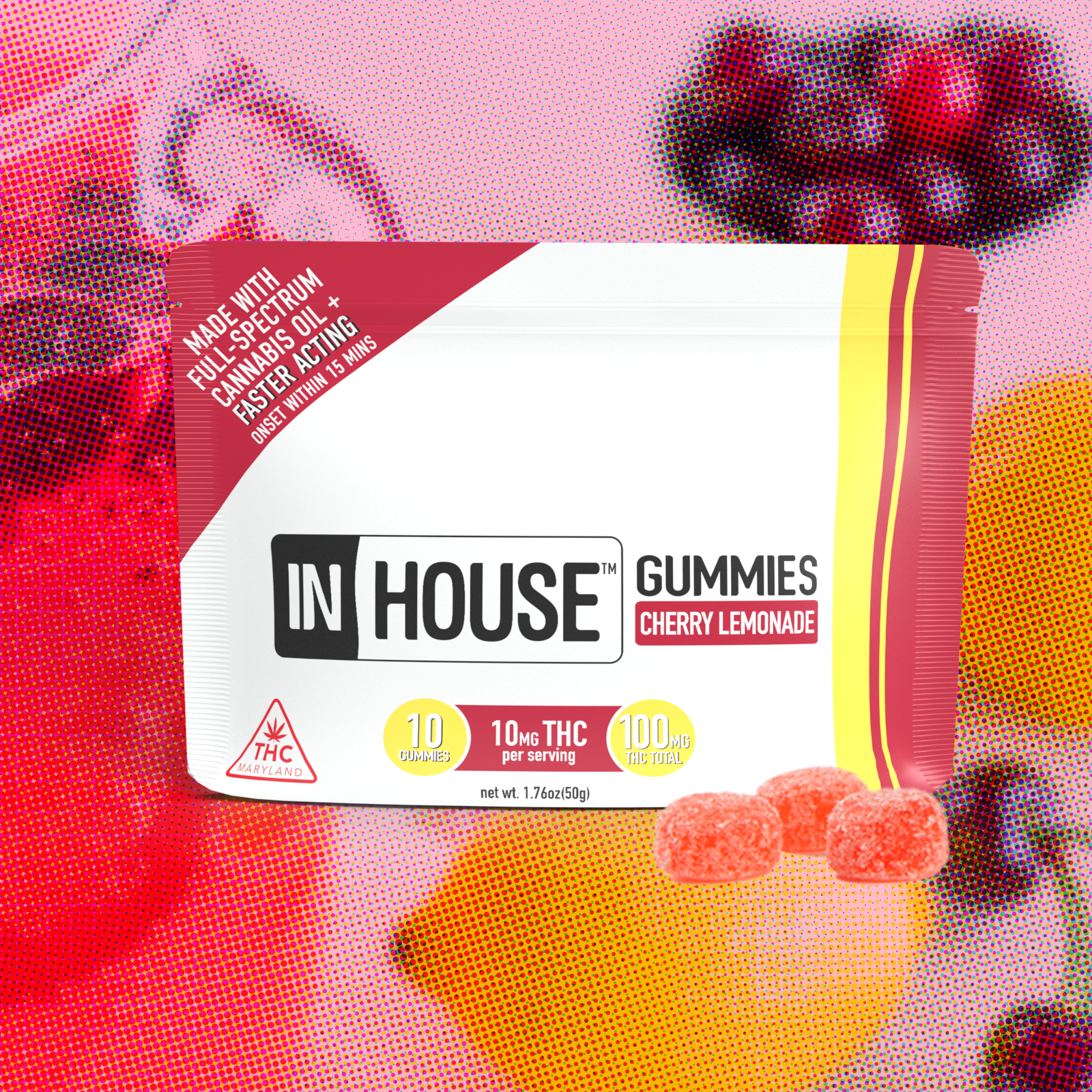 Photograph of product: In House | 100mg | Edibles | Gummies | 10 pack | Cherry Lemonade (Fast Acting)
