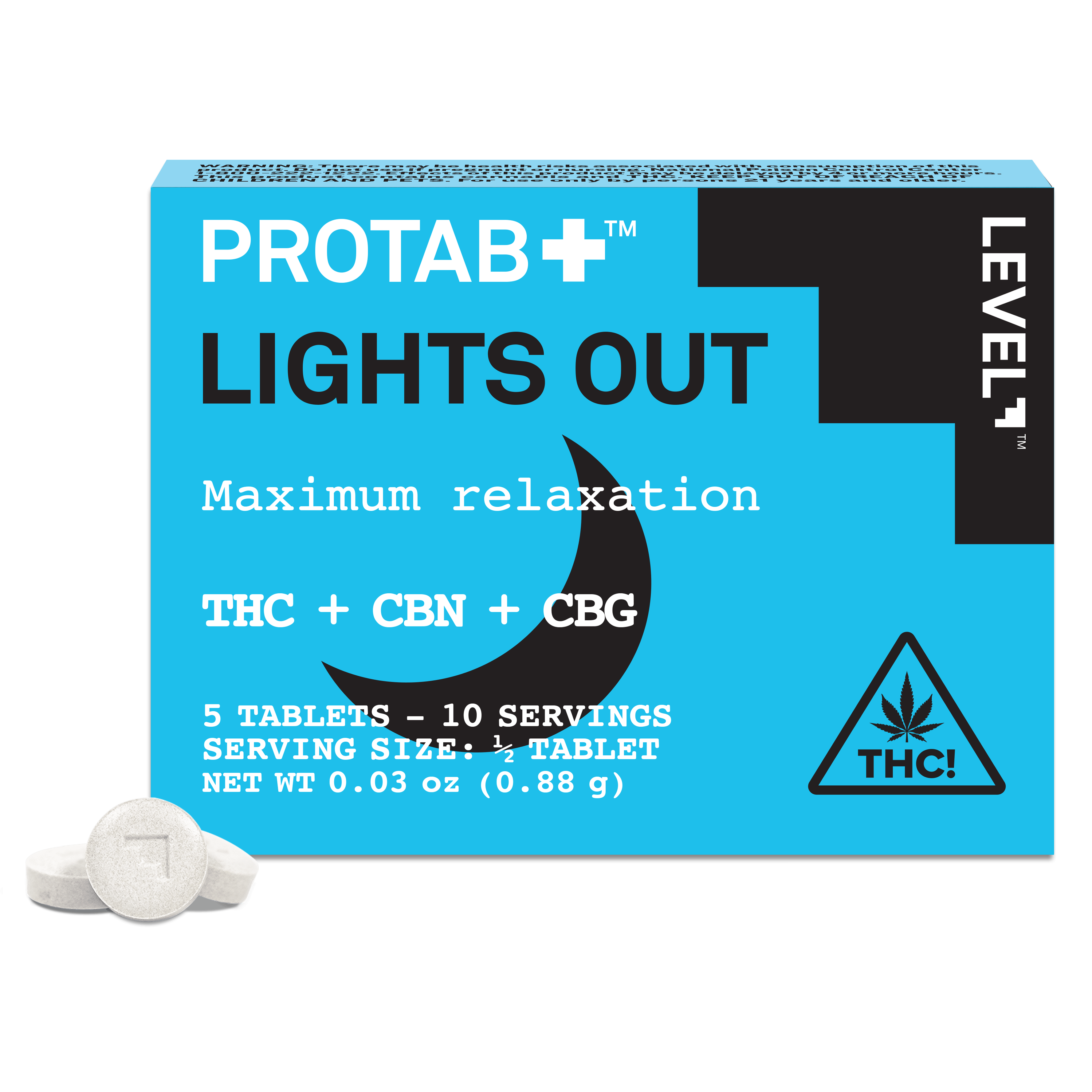 Photograph of product: LEVEL | PROTAB+ | Lights Out | 10mg TH-oui : 5mg CBN : 2mg CBG per 1/2 tablet | 5-pk