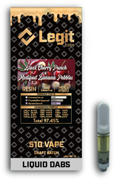 Photograph of product: Black Cherry Punch x Modified Banana Pebbles | 510 Thread | Cured Resin | Legit Labs