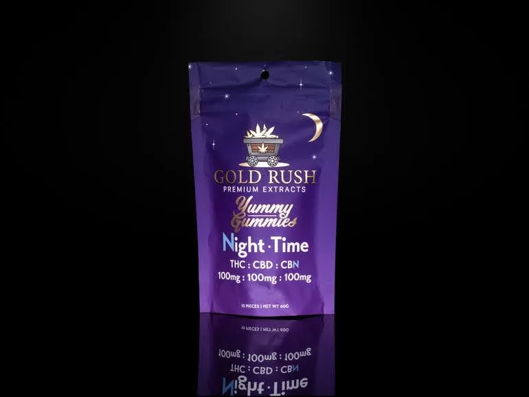 Photograph of Product: Gold Rush - Edible - Wild Cherry Night Time THC:CBD:CBN Gummies - 1:1:1 - 100mg