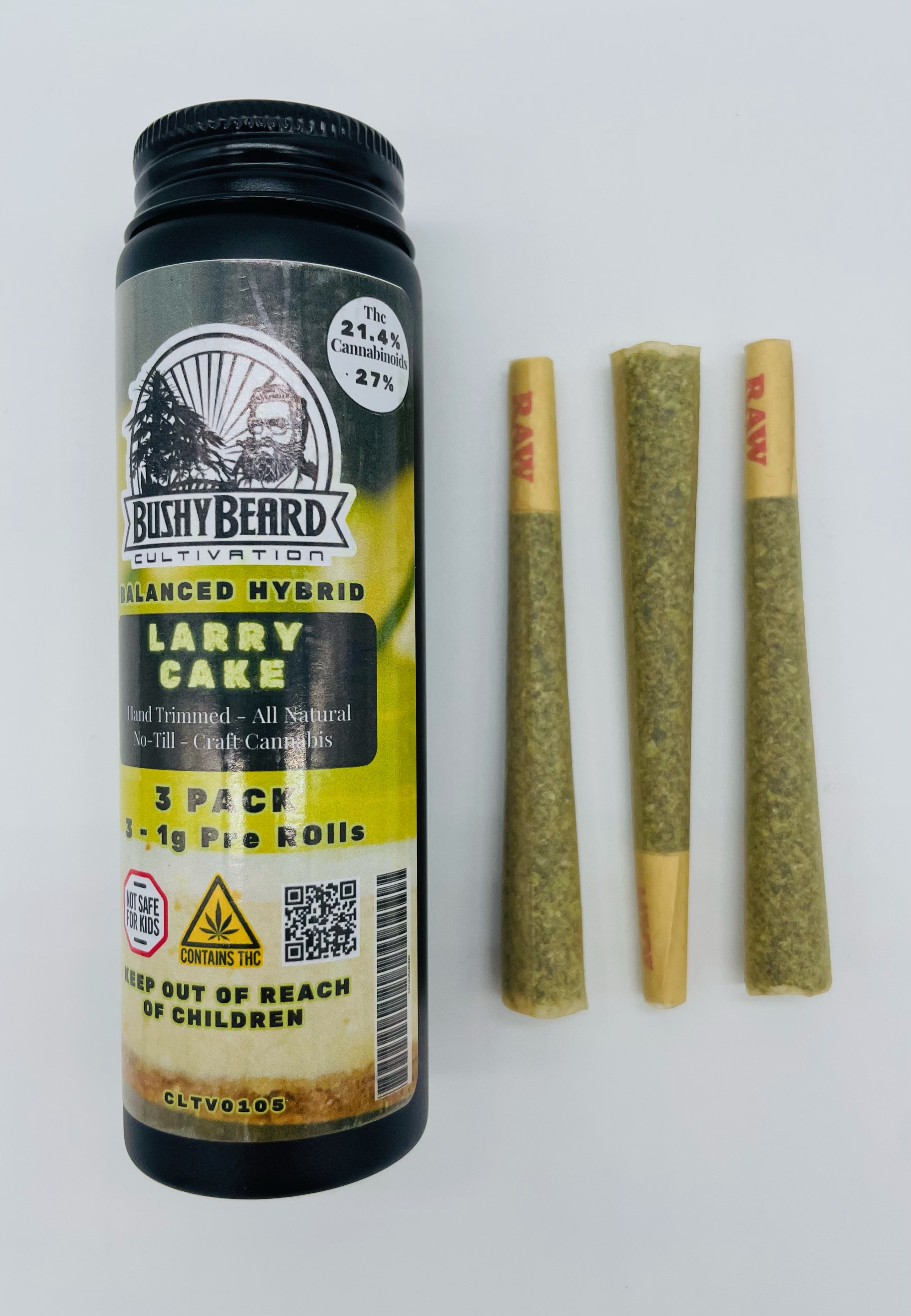 Photograph of product: Bushy Beard |  Larry Cake 3pk | Pre-Roll | 3g | 21.8% TH-oui