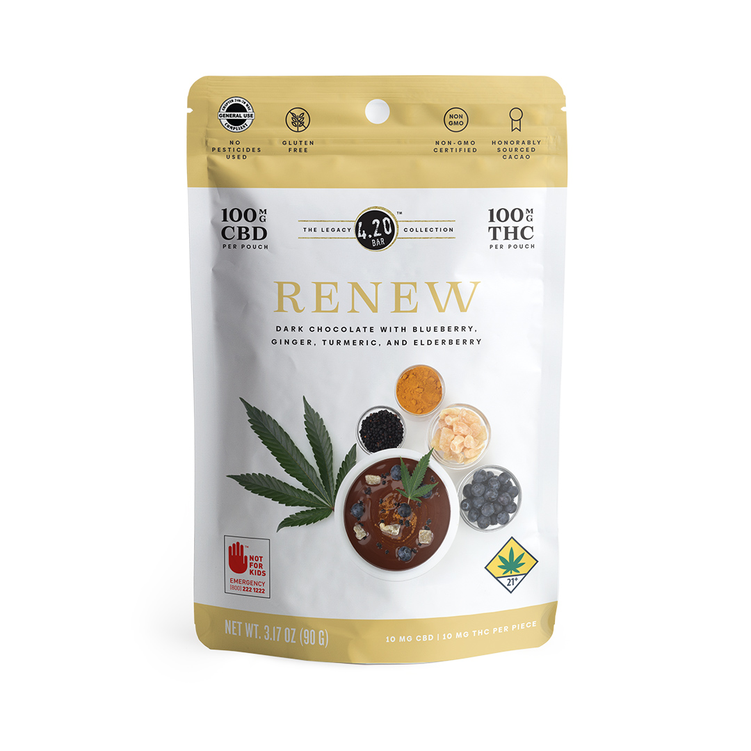 Photograph of product: 420 Mini Legacy | Renew Dark Chocolate with Ginger, Turmeric, and Elderberry | DOH | 10pk | 100mg TH-oui : 100mg CBD : 100mg CBC
