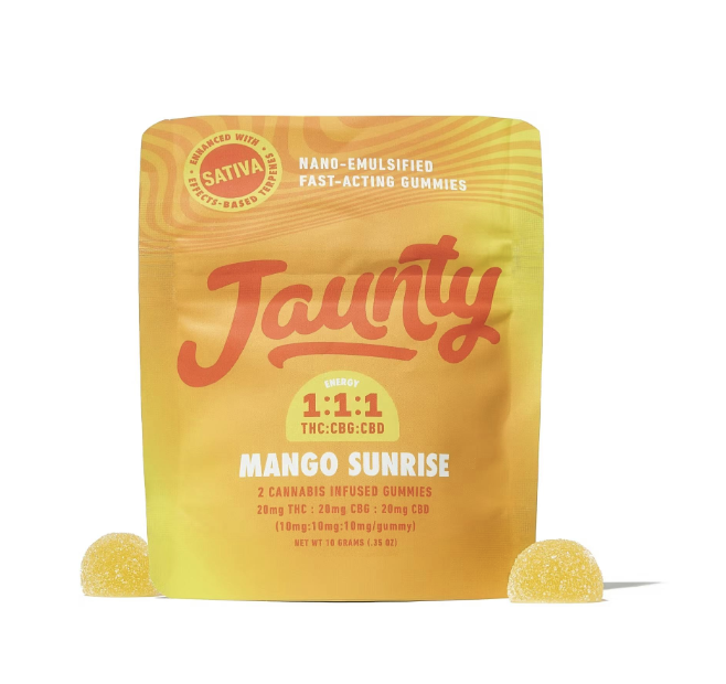 Photograph of product: Jaunty Gummies - Mango Sunrise 1:1:1 TH-oui:CBG:CBD - Gummies - 100mg