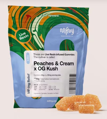 Photograph of product: MFNY | Peaches & Cream x O2 OG Kush | 10mg Live Resin Gummies