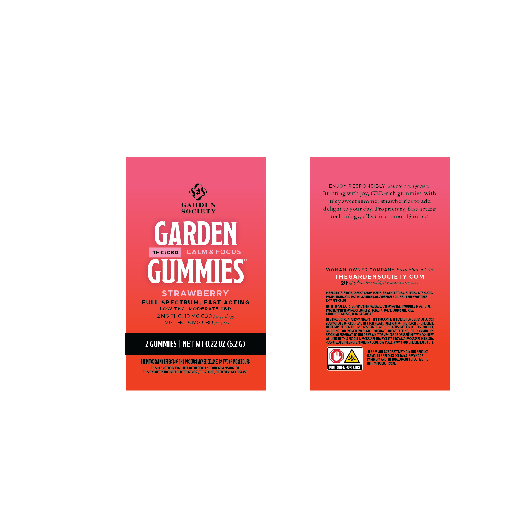 Photograph of product: Garden Society - Strawberry | Calm & Focus - 1:1 Gummies (10mg TH-oui / 10mg CBD) 2 pack