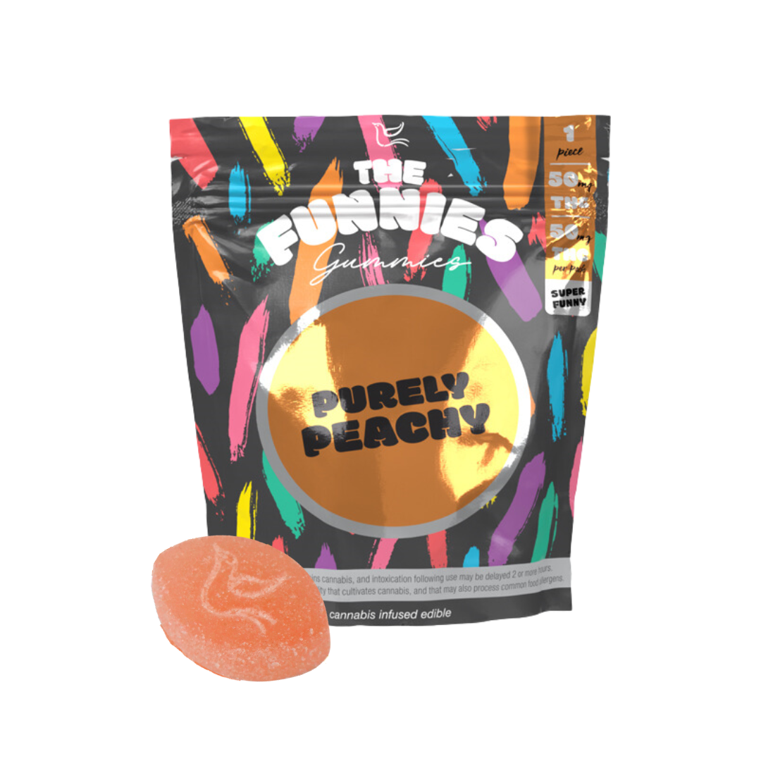 Photograph of product: Super Funny Purely Peachy | 50mg | 1pk Gummy | The Funnies Gummies
