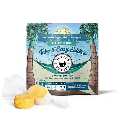 Photograph of product: BETTY'S EDDIES Fruit Chew 50mg: Pineapple Orange 10:2:1 TH-oui:CBG:CBDV 2pc