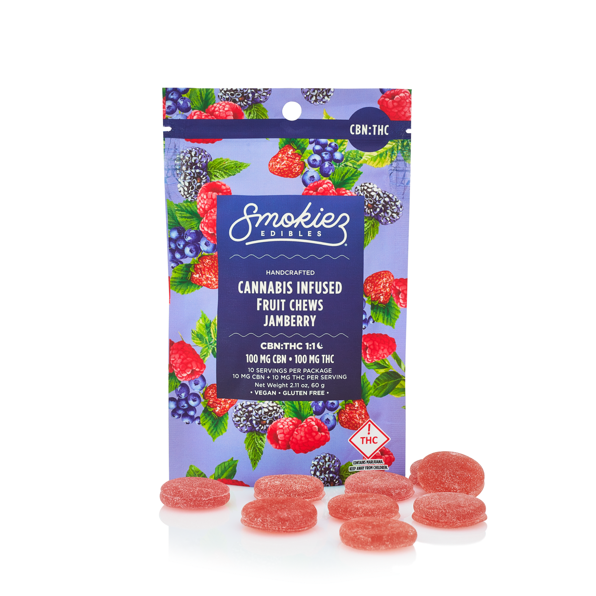 Photograph of product: Jamberry (I) - (1:1 TH-oui:CBN) - 100mg Gummies - Smokiez