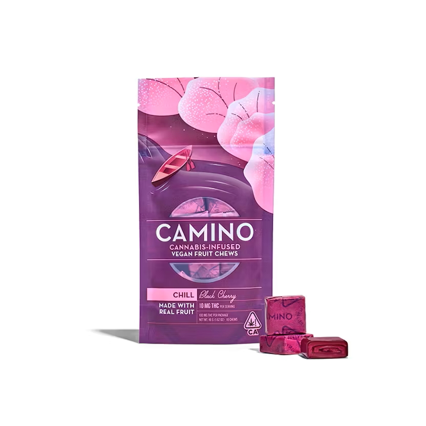 Photograph of product: Camino 200mg 1:1 THC:CBD Chews Black Cherry