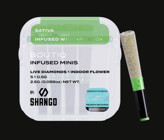 Photograph of product: Boutiq - Live Diamonds Infused Mini Prerolls 5pk - Sour Tangie (S) X Grape Soda (I) (2.5g)