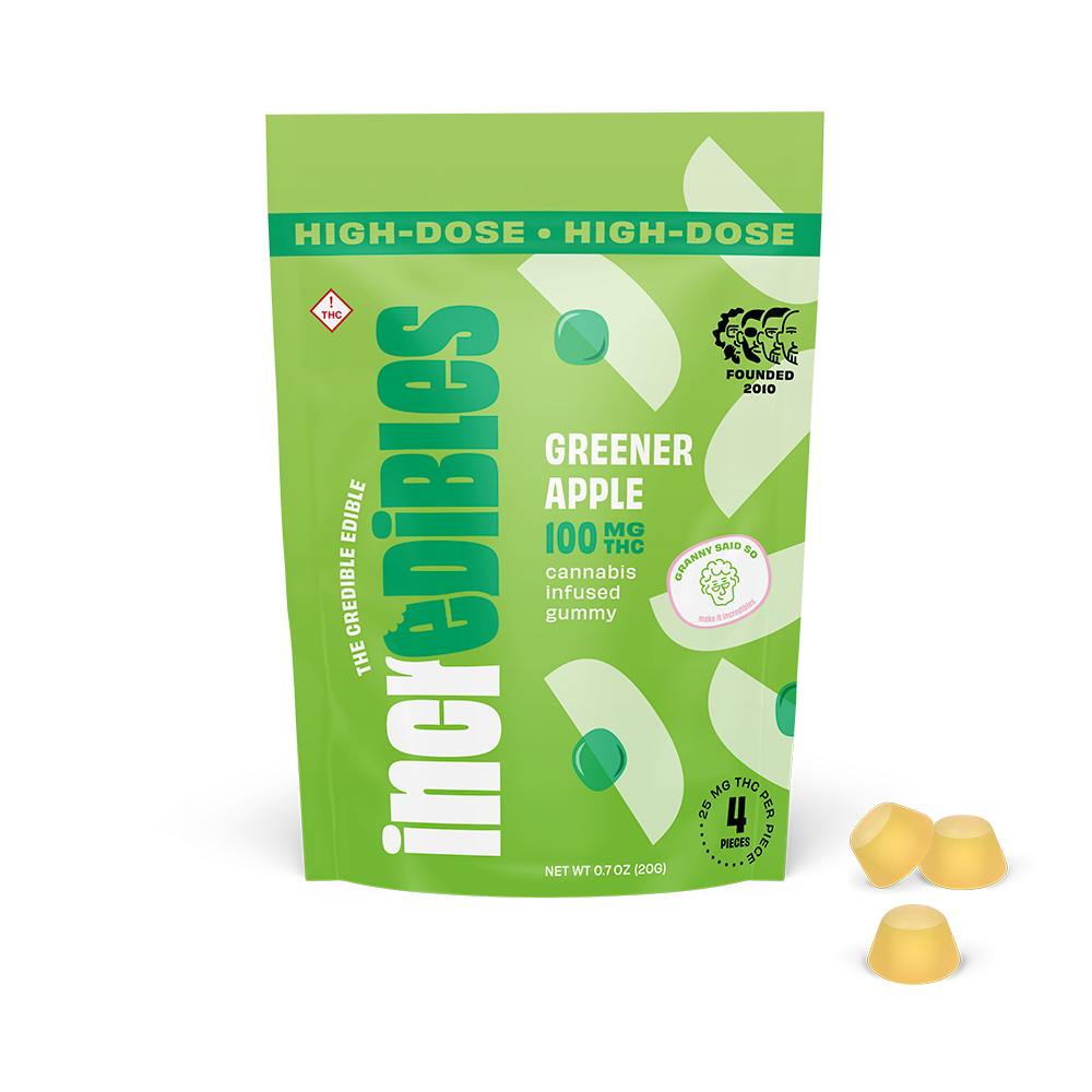 Photograph of product: Incredibles - Gummies - Greener Apple High Dose 4ct Fast Acting (100mg)