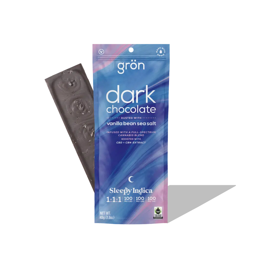Photograph of product: Dark Chocolate Vanilla Bean Sea Salt 1:1:1 CBD:CBN:TH-oui Chocolate Bar