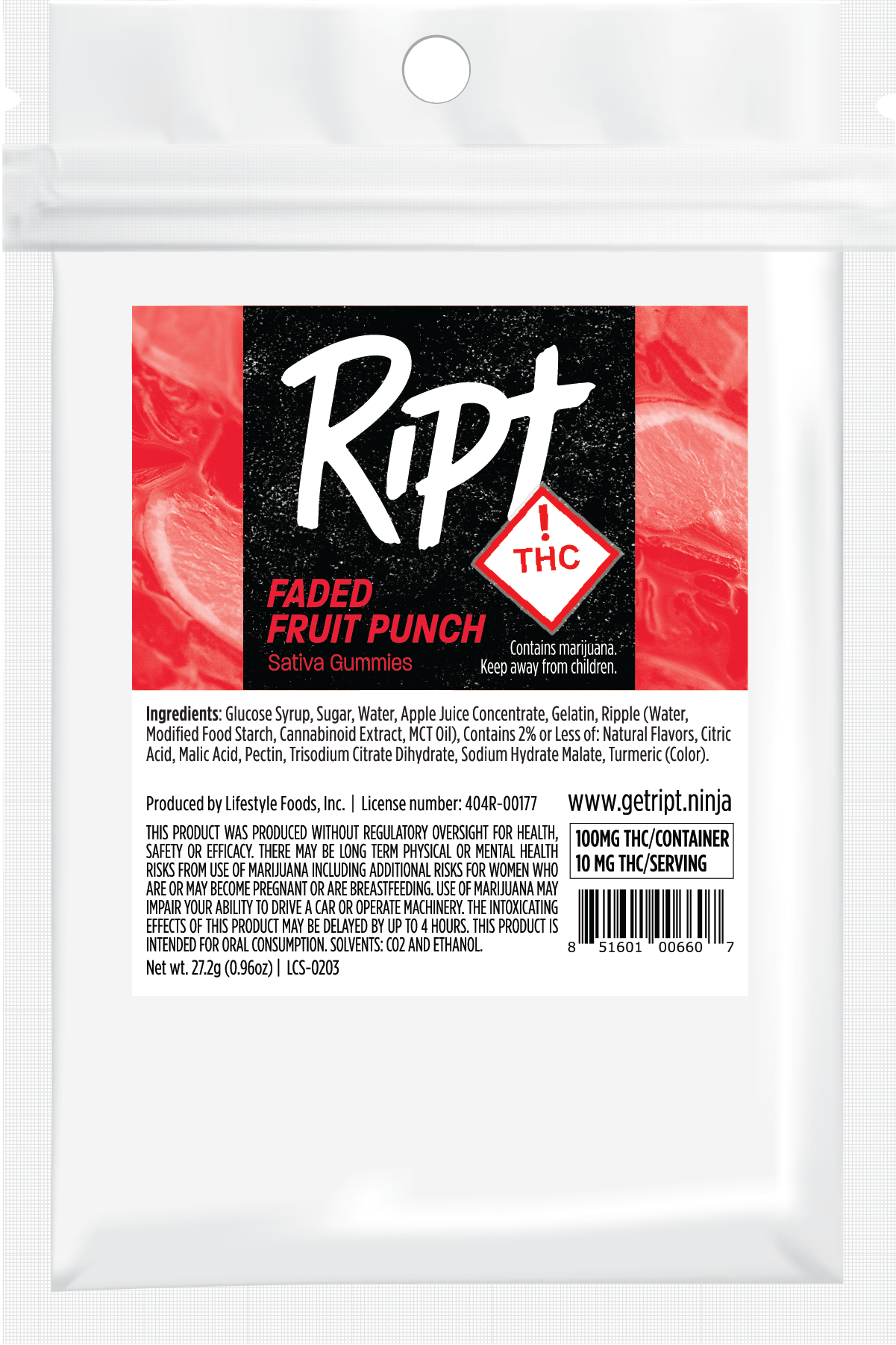 Photograph of product: Ript Gummies Faded Fruit Punch Oui'd 100mg