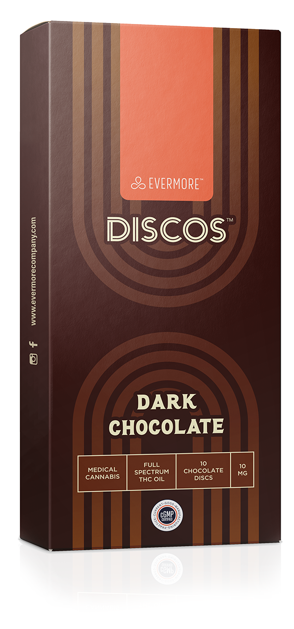 Photograph of product: Evermore Discos (100mg) 10ct Dark Chocolate