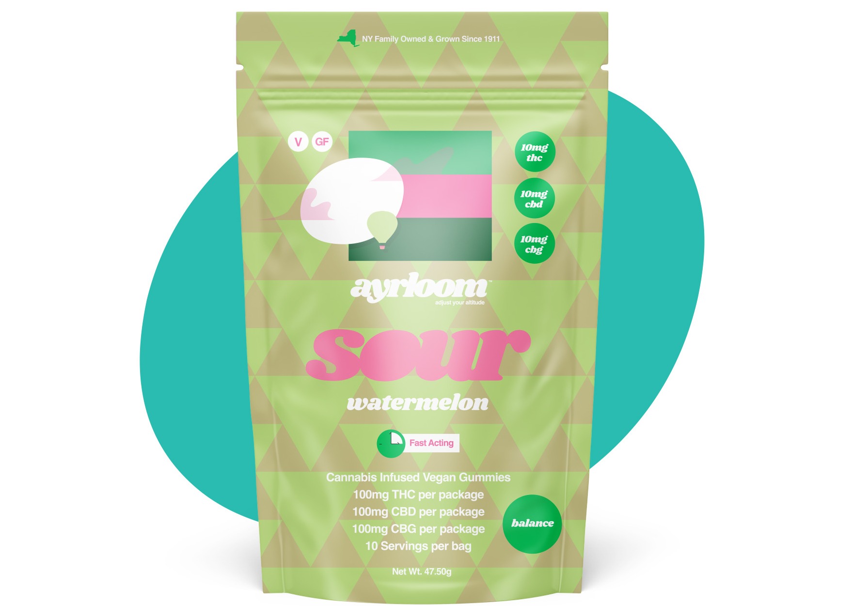 Photograph of product: Ayrloom | Sour Watermelon | 1:1:1 TH-oui / CBD / CBG Gummies | 10pk