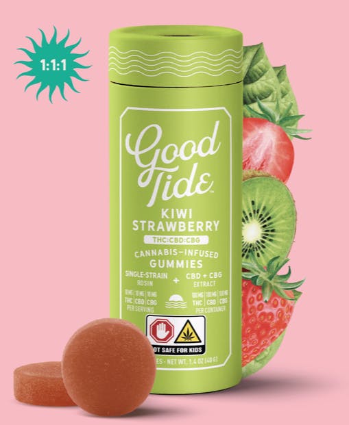 Photograph of product: Good Tide | Kiwi Strawberry | Hybrid | Edibles | 1:1:1 | TH-oui:CBD:CBG | 100mg