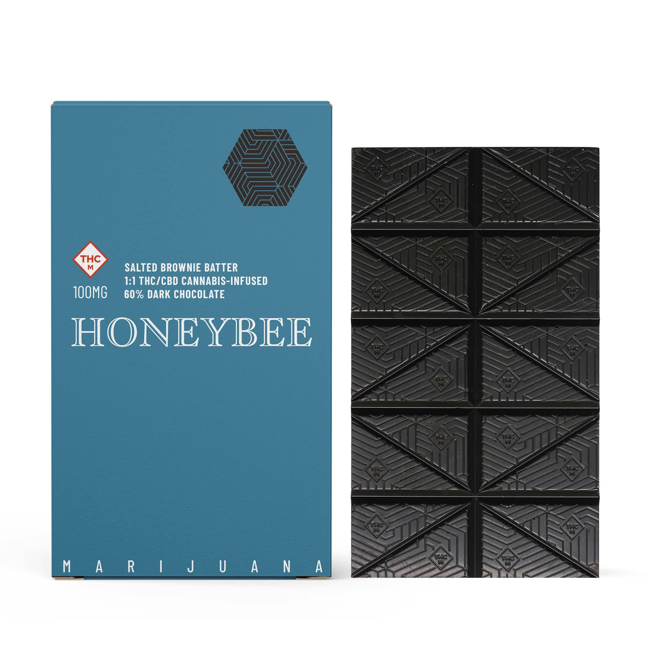 Photograph of product: HONEYBEE | 1:1 TH-oui:CBD SALTED BROWNIE BATTER DARK CHOCOLATE BAR | CHOCOLATE | 100MG | HYBRID