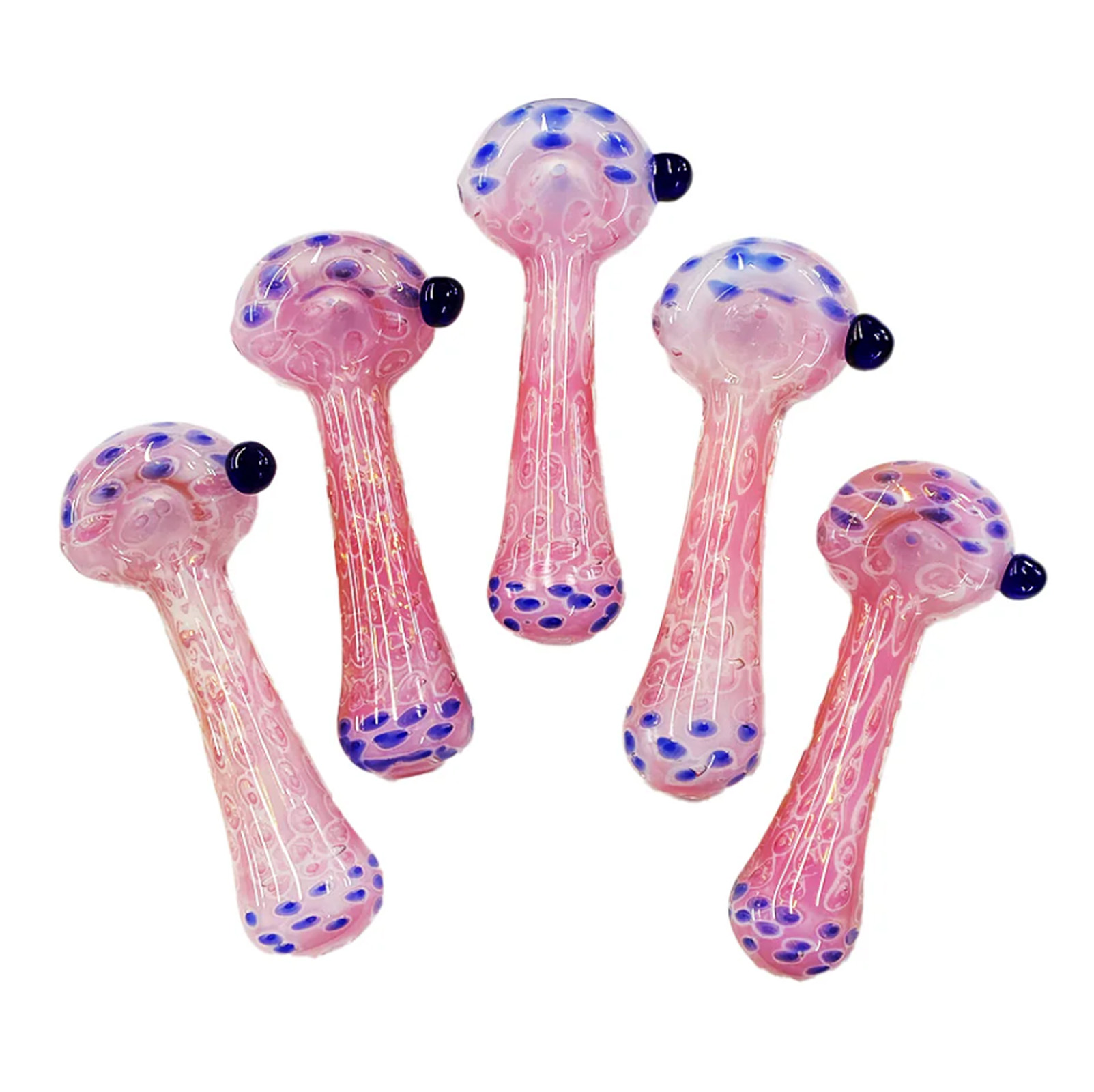 Photograph of product: 5" Hand Pipe Spoon Pink Frit Bubble Trap wth Blue Dots Designs