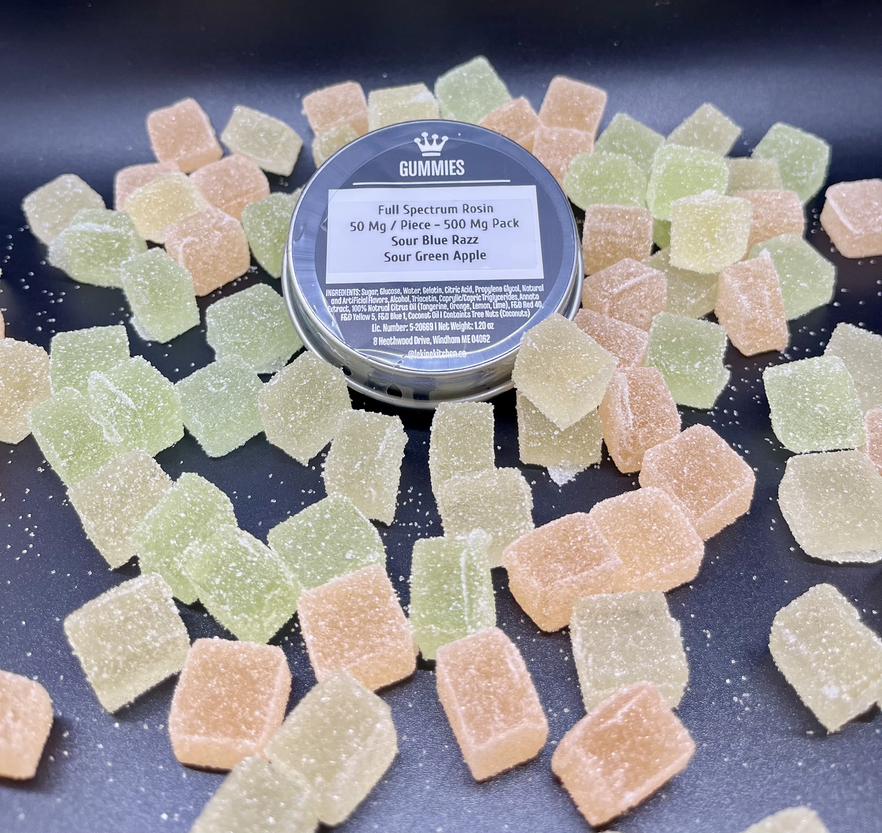 Photograph of product: Undertow x Le Kine Kitchen: Sour Blue Razz + Sour Green Apple 50mg/ au chocolat Rosin Gummies
