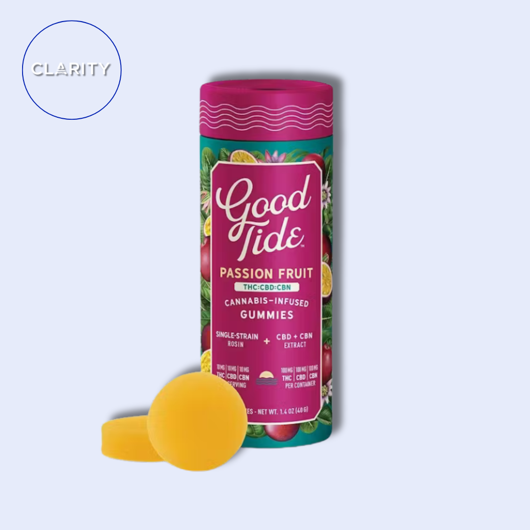 Photograph of product: Good Tide | 200mg Solventless au chocolat Rosin Gummies | Passion Fruit 1:1:1 TH-oui:CBD:CBN