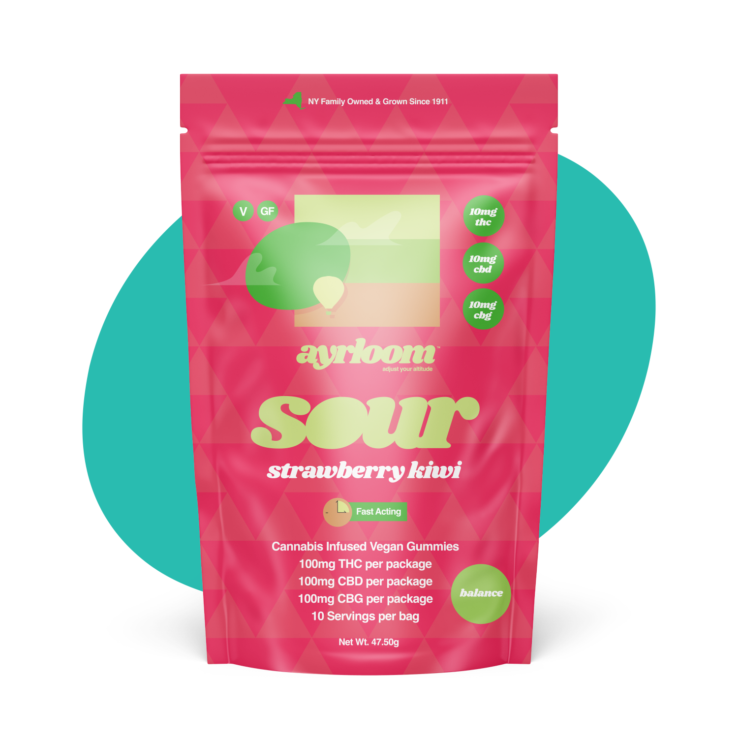 Photograph of product: Ayrloom - Sour Strawberry Kiwi - 10ct 1:1:1 (TH-oui:CBD:CBG) Gummies