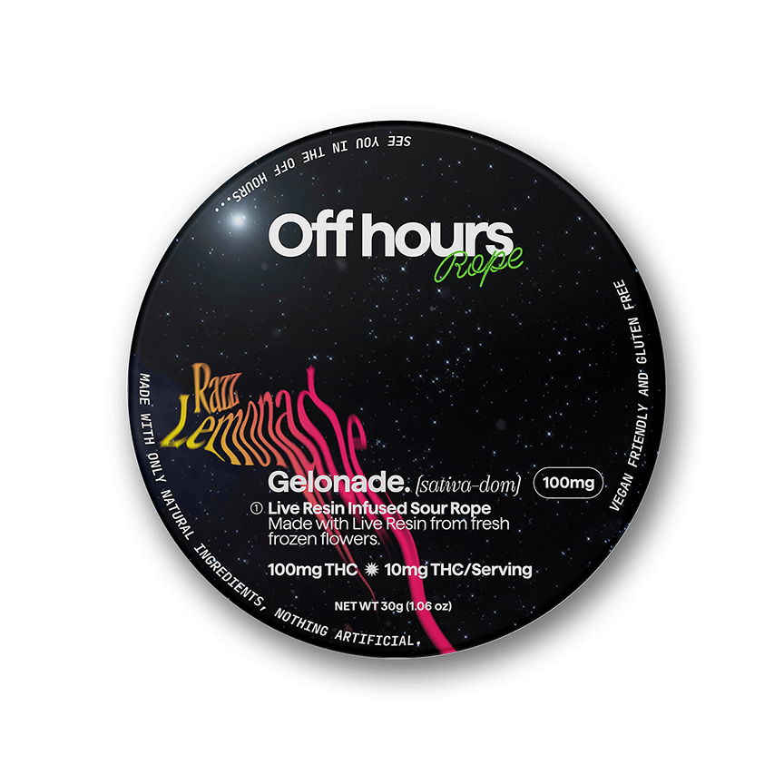 Photograph of product: Off Hours Gelonade Sour Raspberry Lemonade Live Resin InfusedRope 100mg