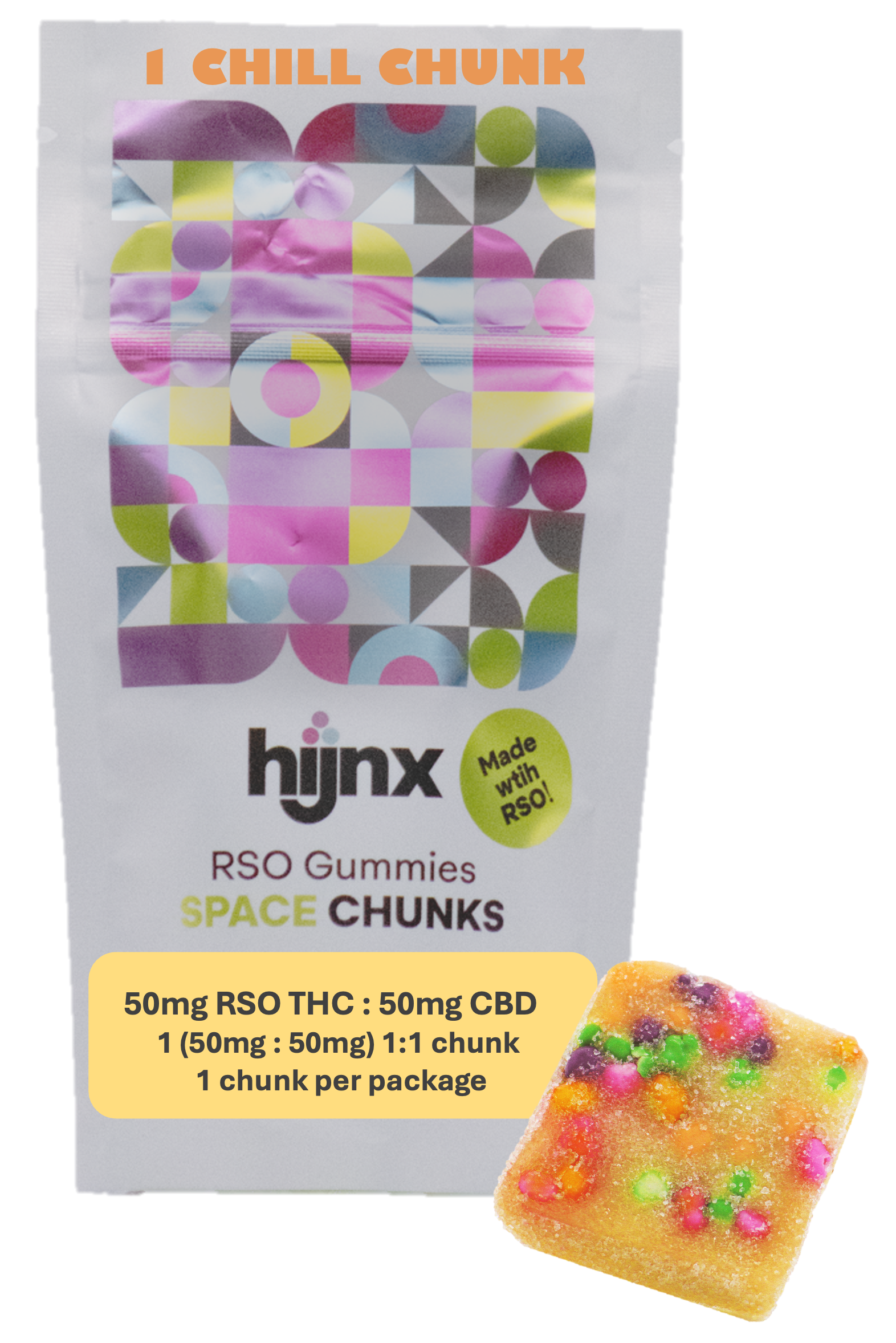 Photograph of product: Space Chunk OG | 50mg TH-oui: 50mg CBD | 2pk RSO Infused Candies | Hijnx