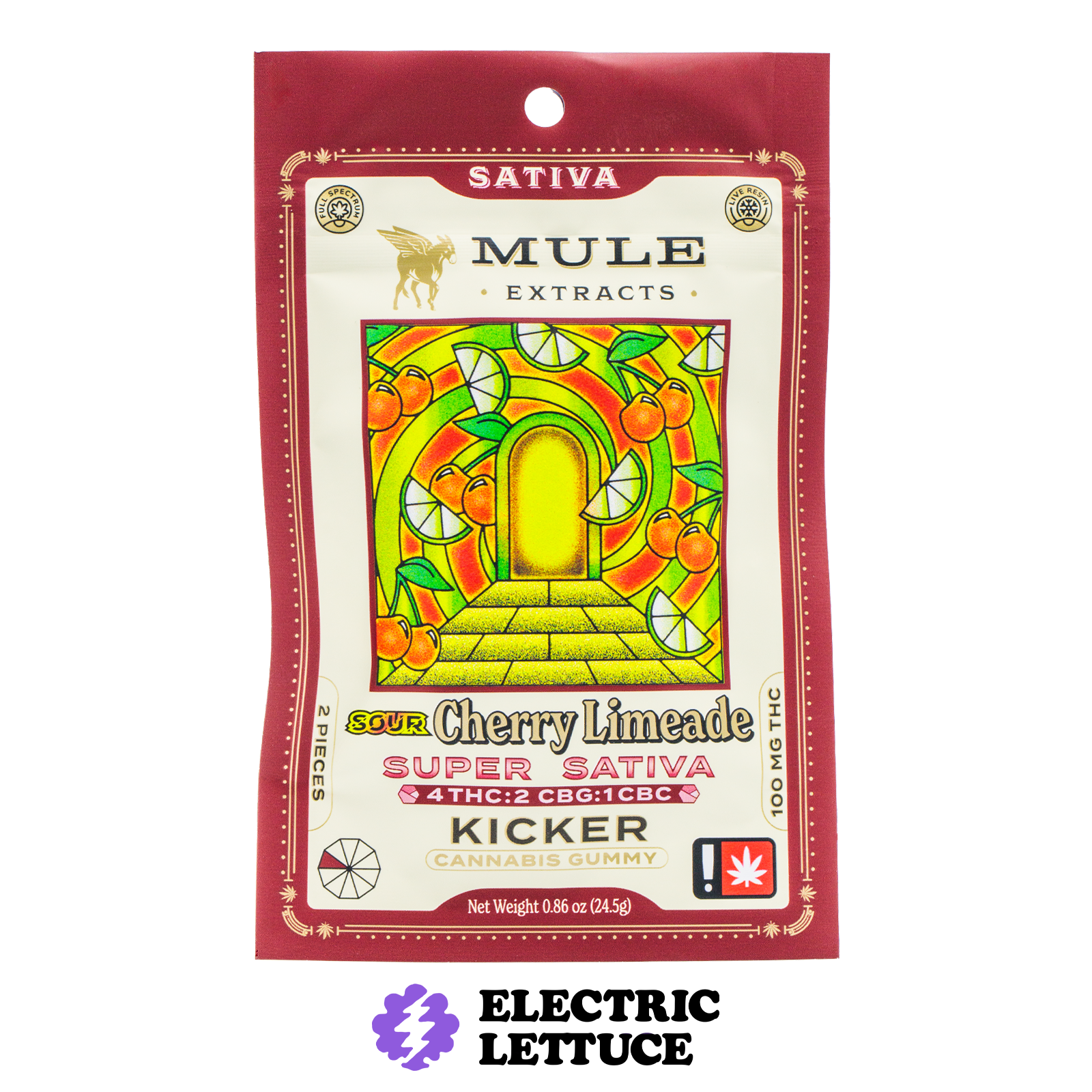 Photograph of product: Mule Extracts Sour Cherry Limeade 4:2:1 TH-oui:CBG:CBC 2pc. Kicker Gummy 100mg