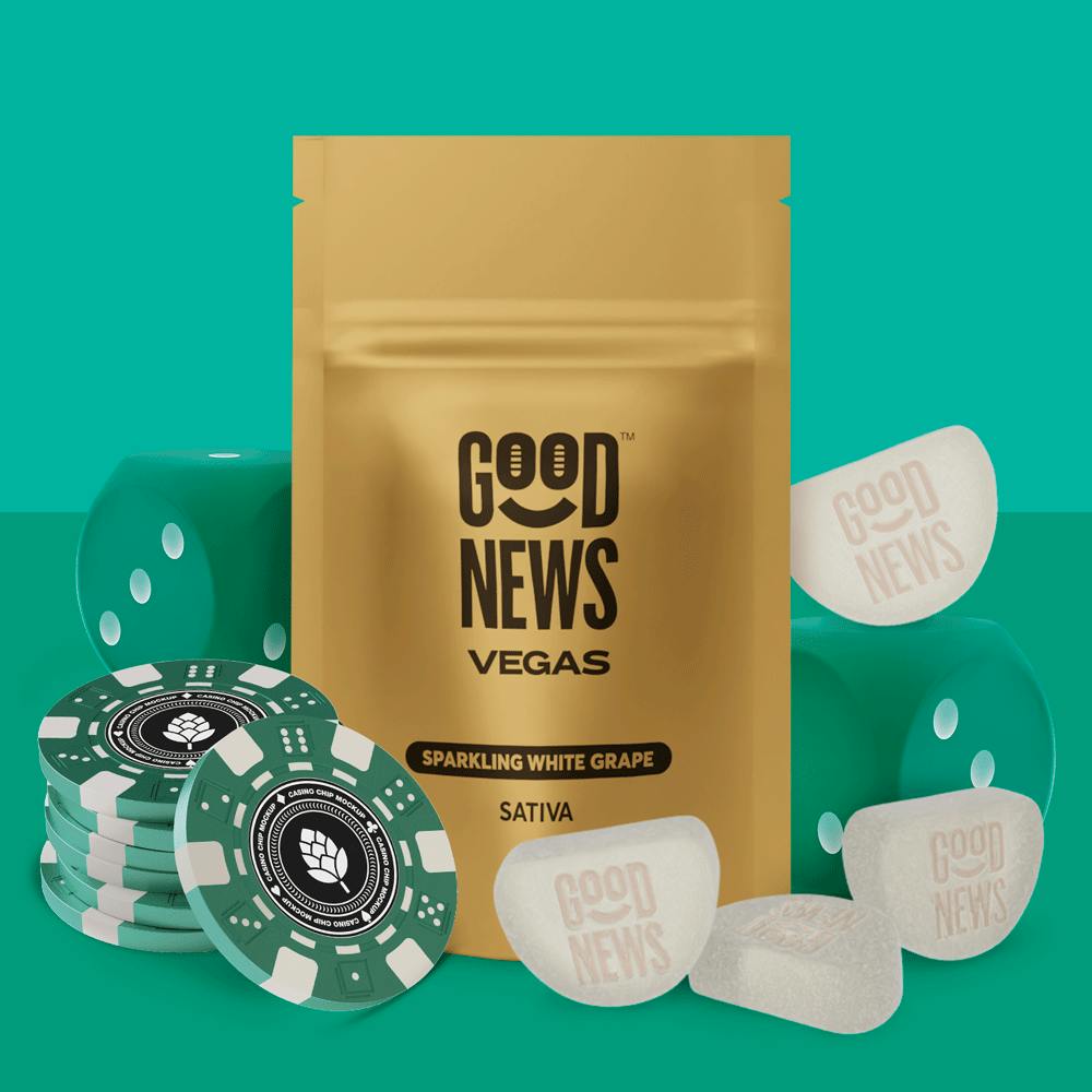 Photograph of product: Good News | 100mg w/ Caffeine | Vegas Sparkling White Grape
