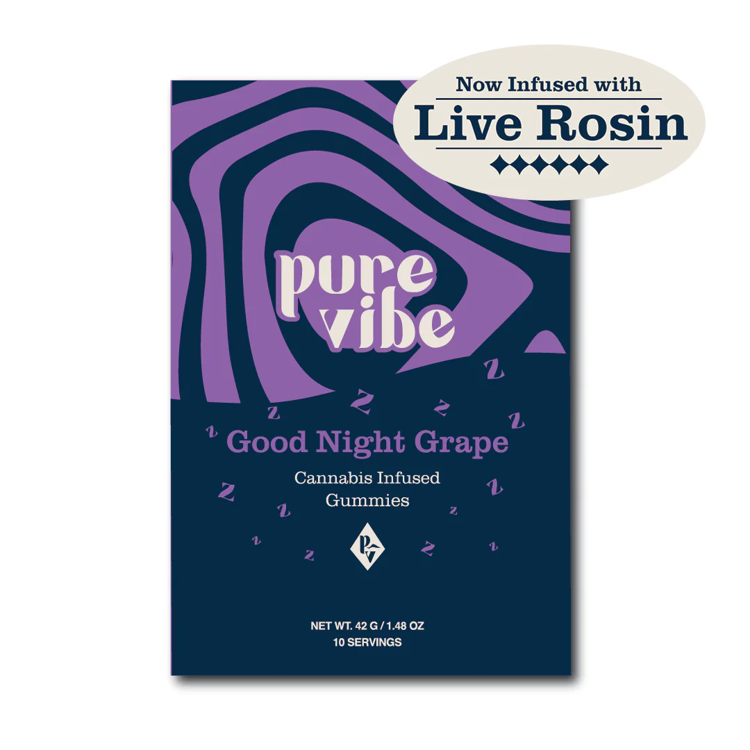 Photograph of product: Gummies | Pure Vibe | Good Night Grape 10X10 100mg | 1:1 TH-oui:CBN