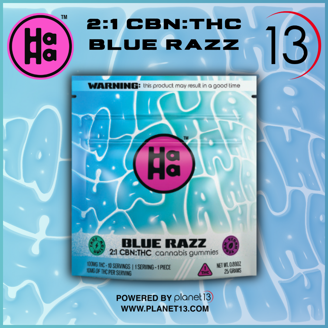 Photograph of product: HaHa Blue Razz 2:1 CBN:TH-oui Gummies