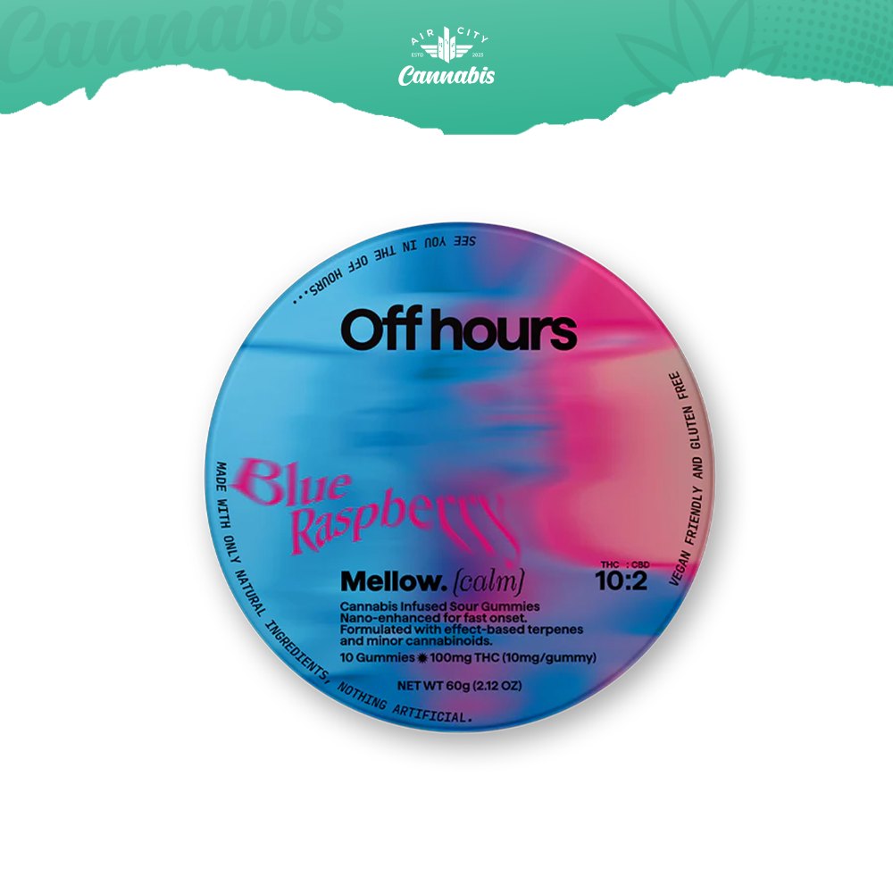 Photograph of product: Off Hours | Blue Raspberry | Mellow (calm) | Gummies  | 100mg pk