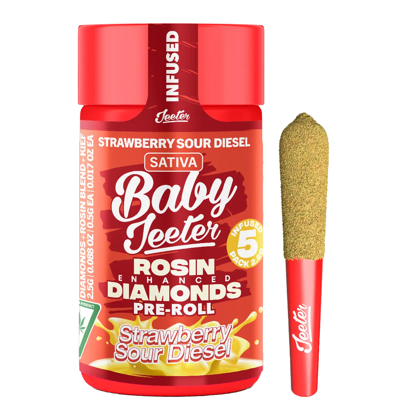Photograph of product: Jeeter Strawberry Sour Diesel 5pk Rosin Diamonds Infused Prerolls Rec