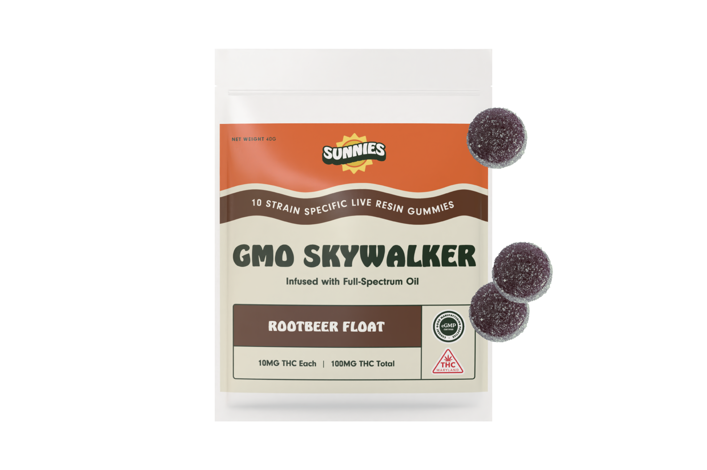 Photograph of Product: Sunnies Live Resin Gummies: GMO Skywalker I Root Beer Float 10mg